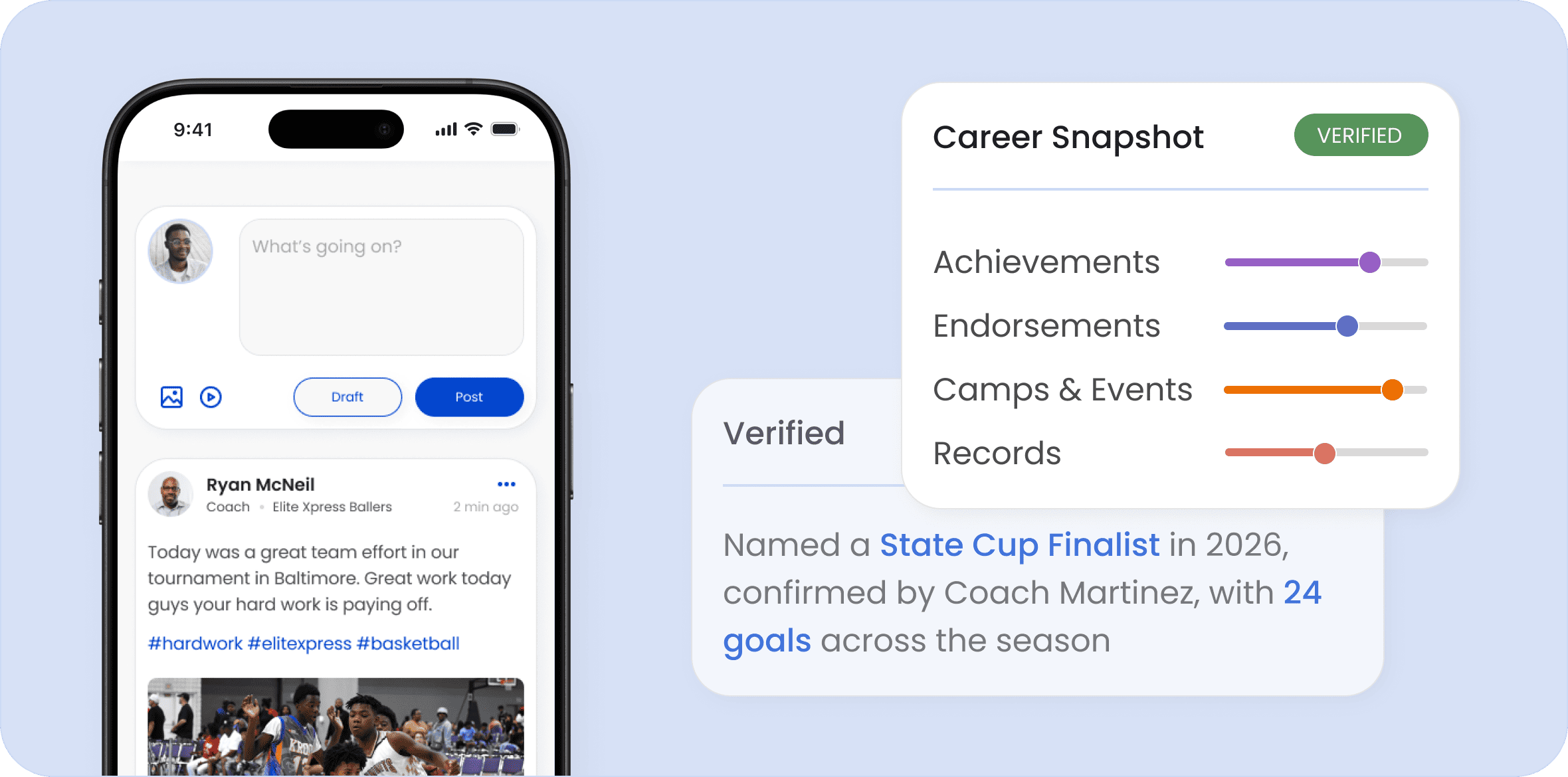 SportsID profile with verified career snapshot, achievements, and social feed on mobile